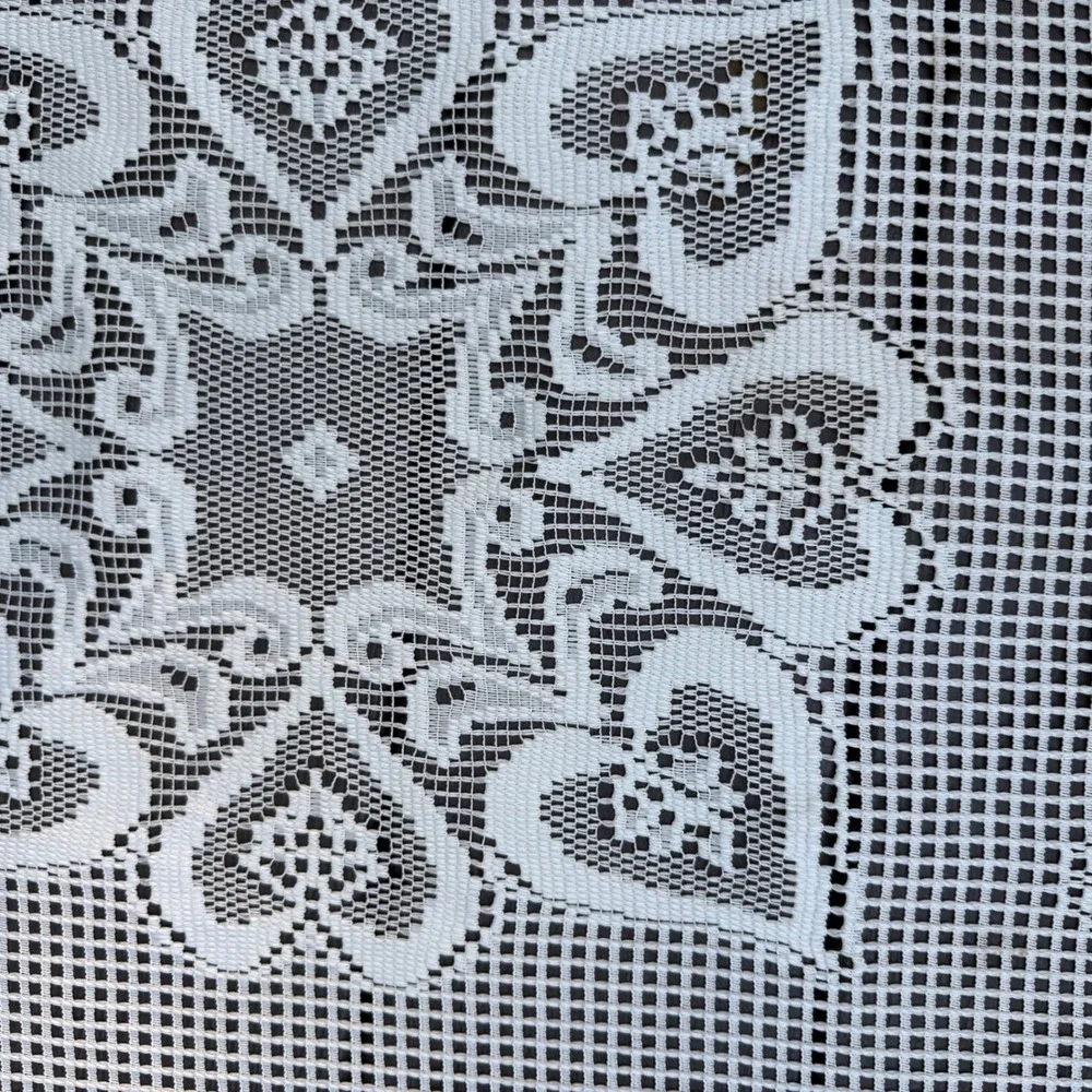 9.a.19 Vtg White Filet Lace Tablecloth Topper 39x41.5 Hearts Roses Floral Square